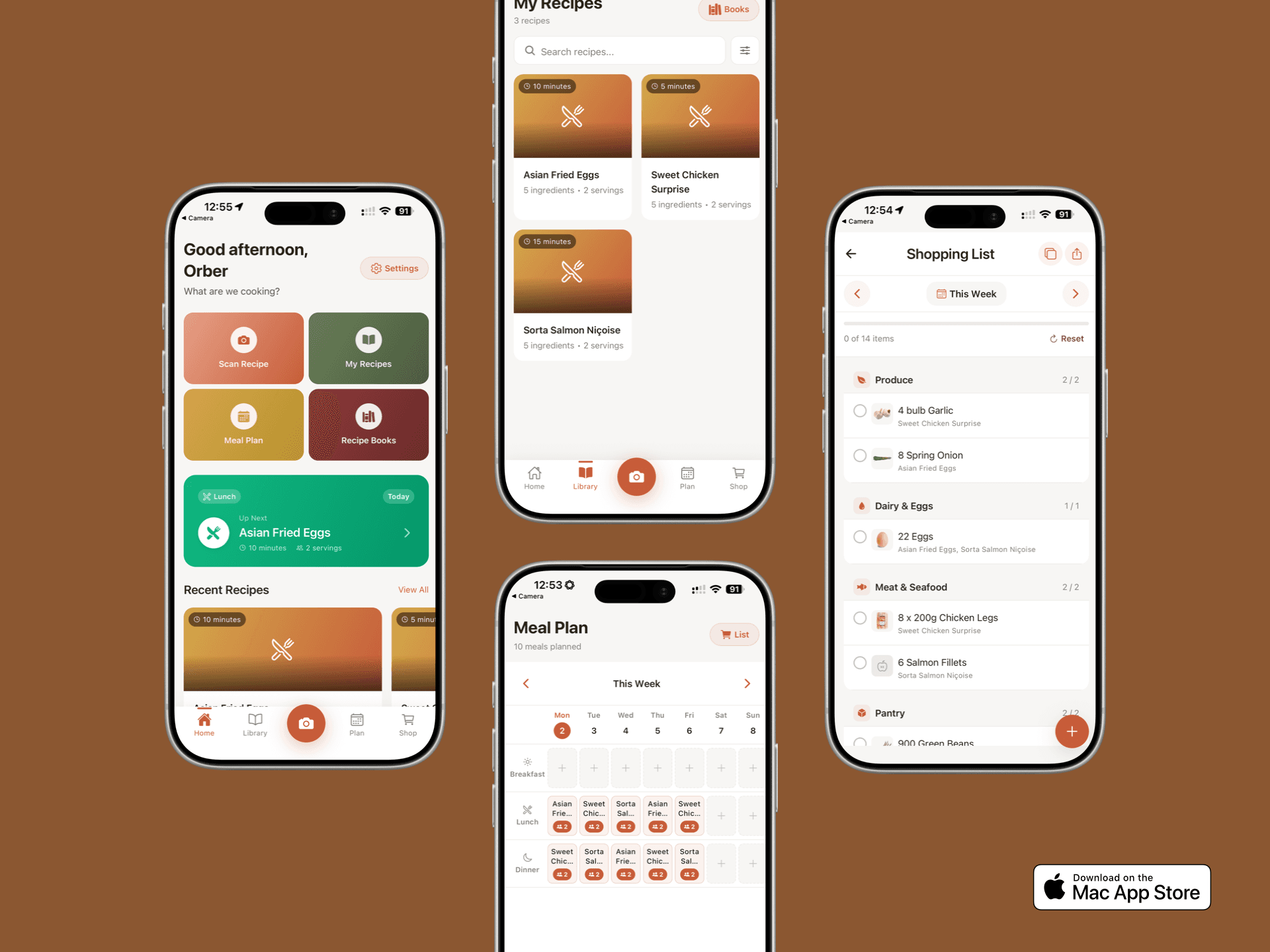 FantasticFlavour app showing the home screen, recipe library, meal planner, and shopping list on iPhone